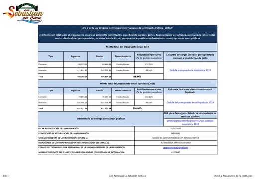 Literal g Presupuesto de la institucion