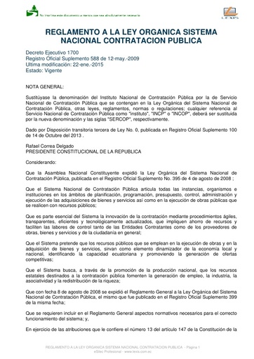 Reglamento a La Ley Orgánica Sistema Nacional Contratación Publica