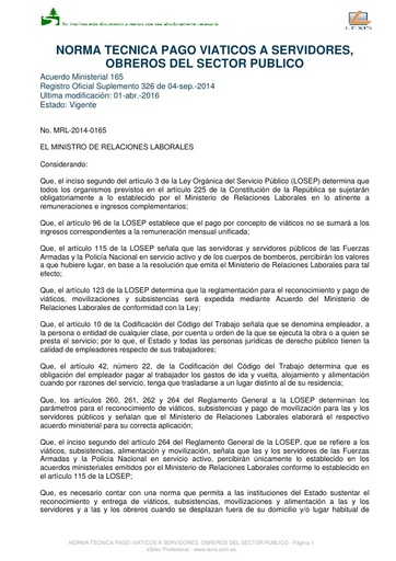 Norma Técnica Pago Viáticos a Servidores, Obreros del Sector Publico